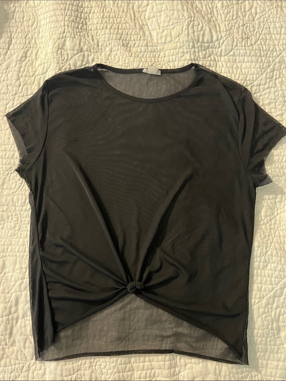 Garage Black Short Sleeve Knot-Front Sheer Top